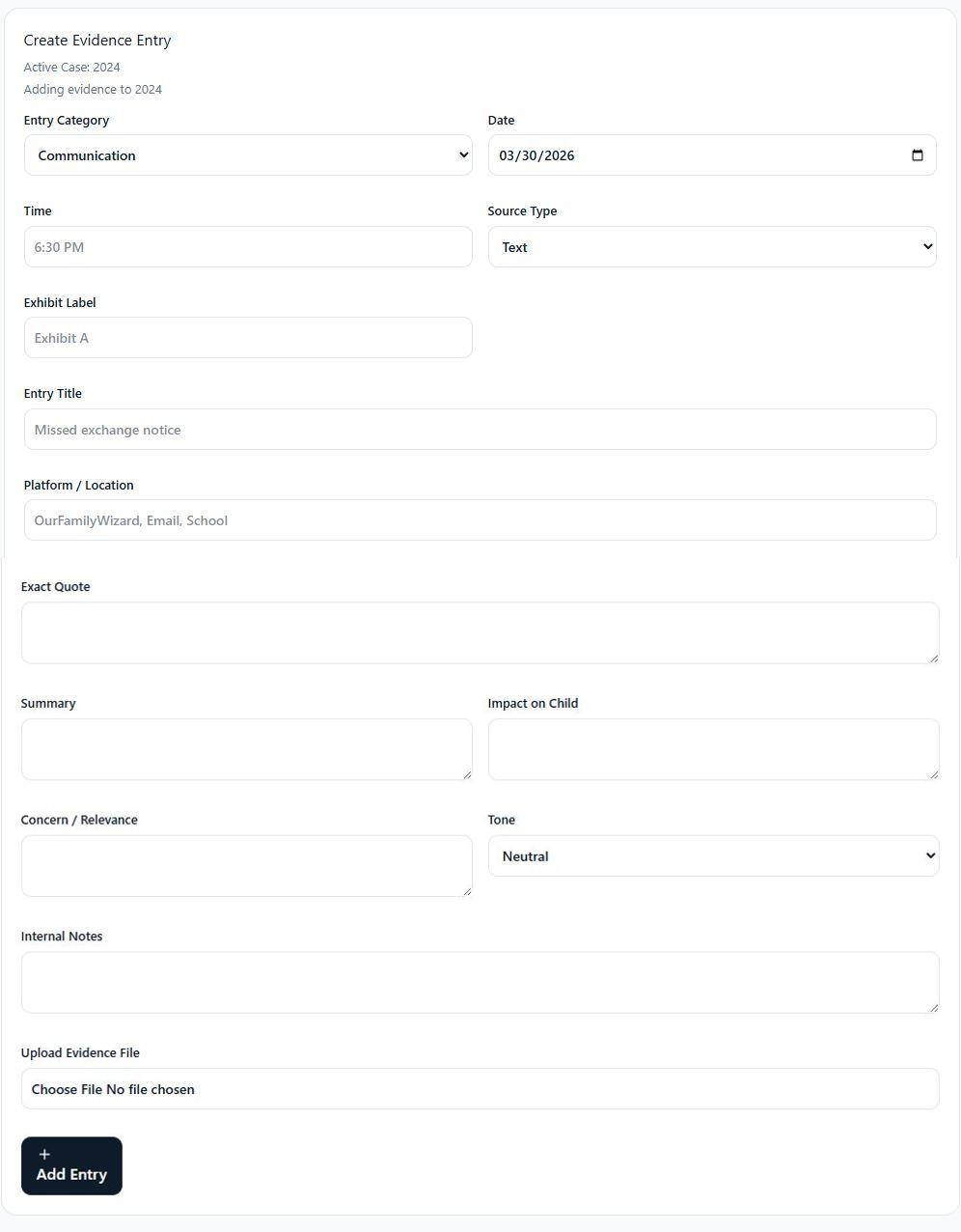 Combined screenshot of the evidence entry form with fields for dates, quotes, summary, relevance, tone, notes, and file uploads.